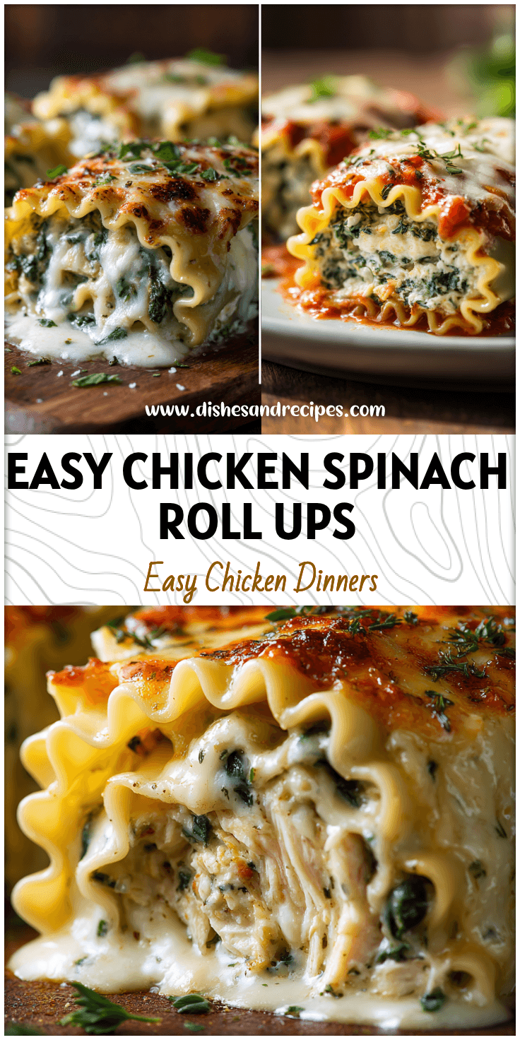 Golden Chicken and Spinach Lasagna Roll Ups topped with melted cheese and fresh herbs on a baking dish